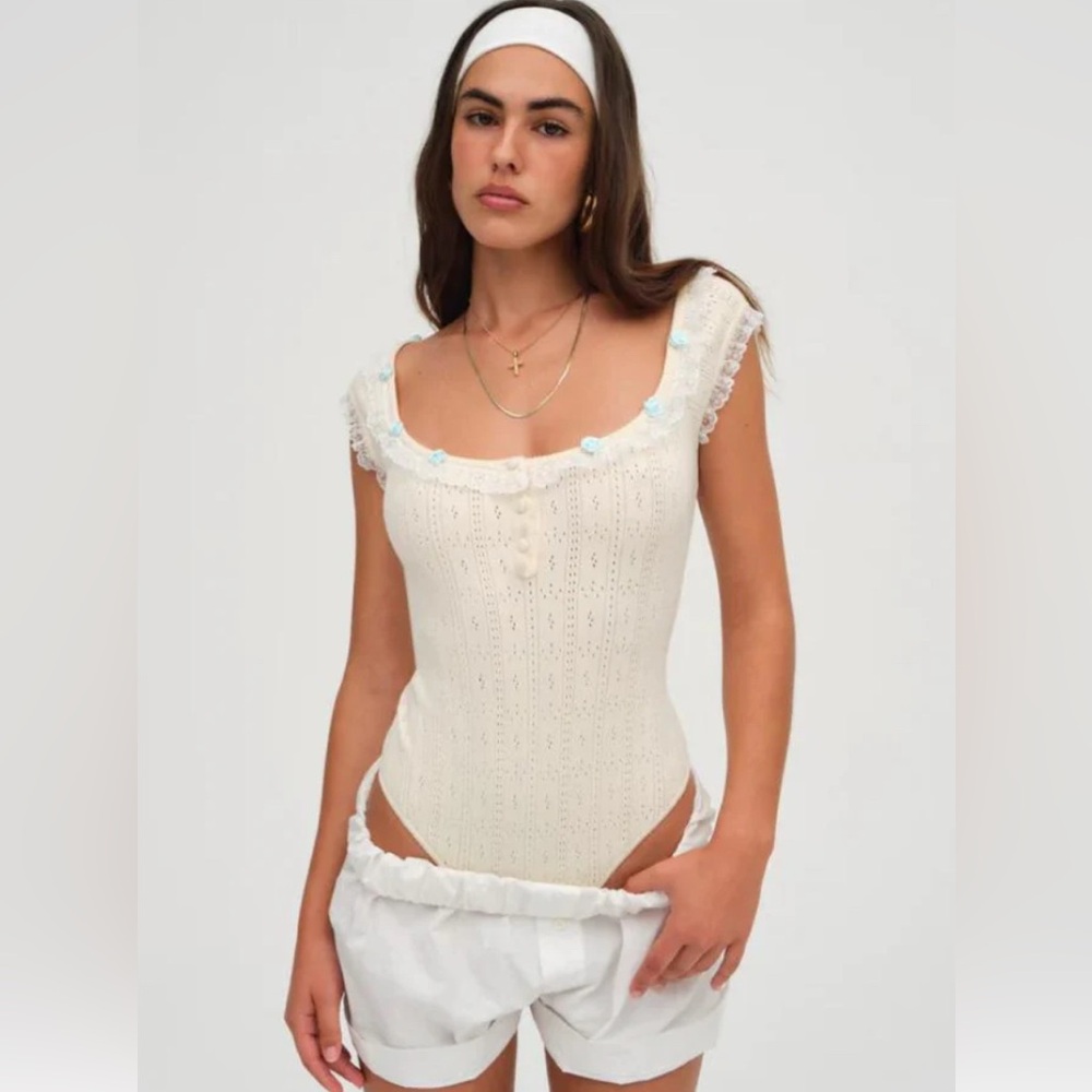 New Daniela Knit Bodysuit Cream Lace-Trimmed Bodysuit